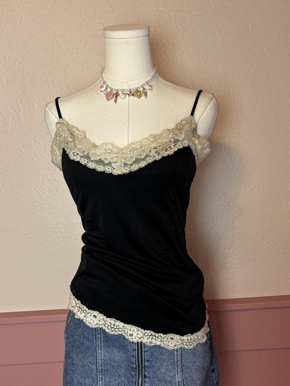 The Limited lace black fairy cami top black cream sz medium 2000s going out